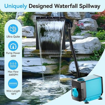 POPOSOAP Pond Waterfall Spillway with 660GPH Pump Kit, 304 Stainless Steel Waterfall with Filtration &9.8FT Corrugated Tubing Outdoor Fountain Kit for Garden, Koi Pond, Backyard,13.4" H x 12"W-P43H