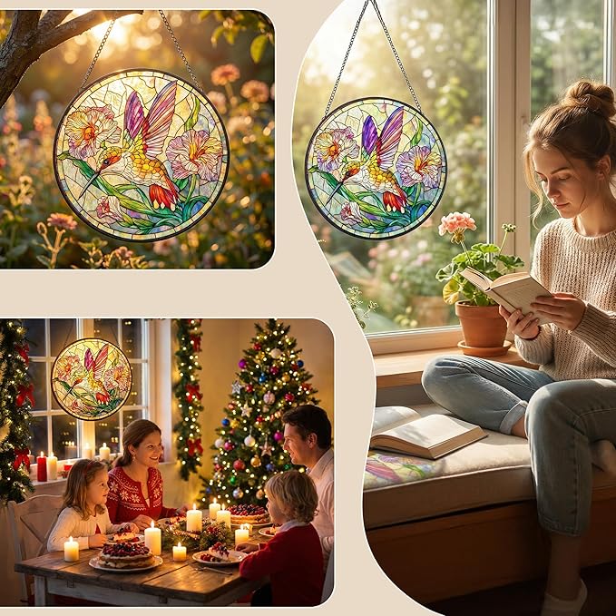 Stained Glass Window Hanging Hummingbird Sun Catcher, Colorful Bird Suncatcher for Window Decor, Handmade Style Hanging Ornament for Home, Garden, Patio Gift