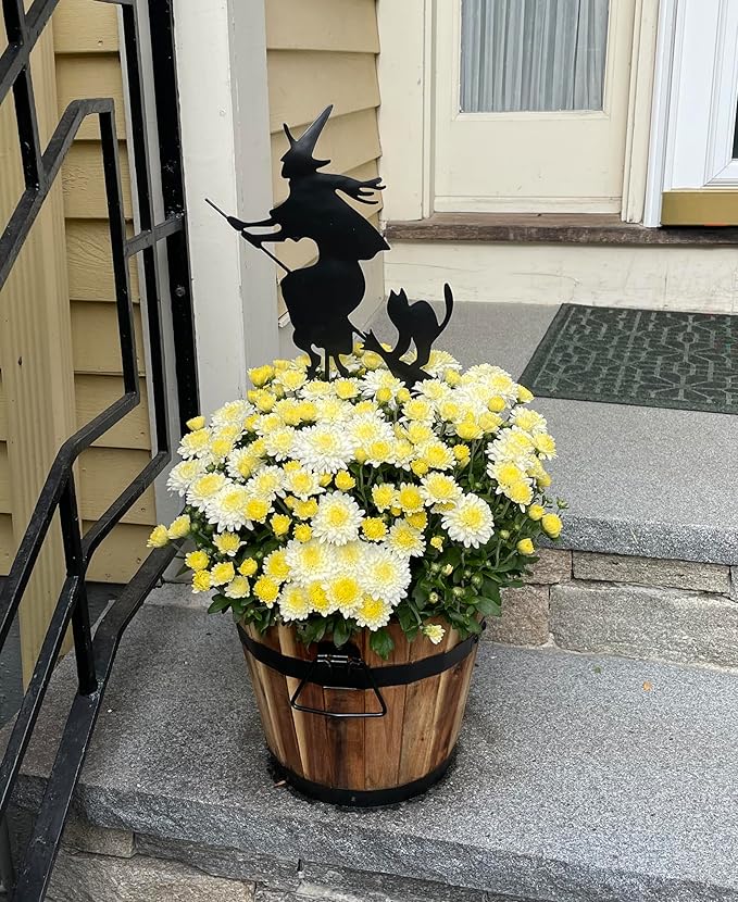 19" Halloween Metal Black Silhoutte Witch On Broom with Cat Stake, Set of 2