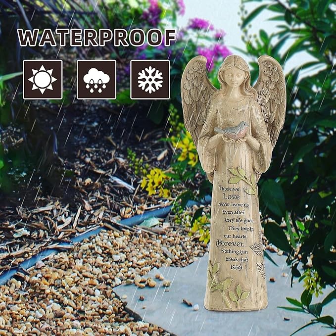 DUSVALLY Angel Resin Statue, Memory Guardian Garden Decor, 10" H Waterproof Outdoor Angel Statue Praying Angel Figurine Sculpture for Lawn & Yard (Holding the Bird)