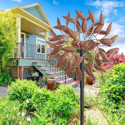 Wind Spinners Outdoor for Yard Garden, 360° Metal Windmills Art Decor with Stake, Kinetic Wind Sculpture for Lawn Patio Outside Ornaments, 63.5 x 12.5 Inches (Rust Color)