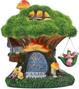 TERESA'S COLLECTIONS Fairy House Outdoor Statues with Solar Light for Garden Decor, Green Moss Resin Outdoor Cottage with Swinging Fairy, Lawn Ornaments Yard Decor Gifts for Mom Women, 5.1"