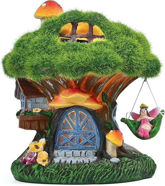 TERESA'S COLLECTIONS Fairy House Outdoor Statues with Solar Light for Garden Decor, Green Moss Resin Outdoor Cottage with Swinging Fairy, Lawn Ornaments Yard Decor Gifts for Mom Women, 5.1"