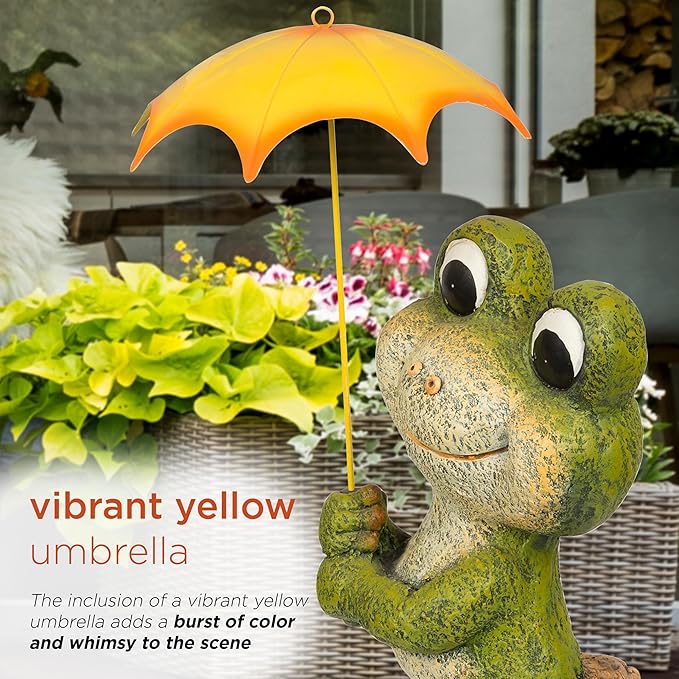 Alpine Corporation QWR1004 Indoor/Outdoor Smiling Frog with Yellow Umbrella Garden Statue, Playful Frog Statue, 23" H, Green
