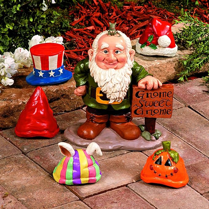 Fun Express Garden Gnomes Outdoor Statue with 5 Interchangeable Seasonal Hats - Resin Gnome Figurines for Yard Decorations | Christmas Halloween Easter Holiday Gnome Decor for Home Garden Sculptures
