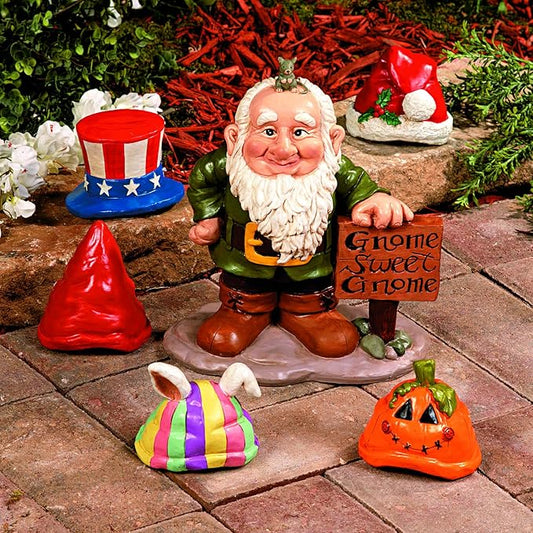 Fun Express Garden Gnomes Outdoor Statue with 5 Interchangeable Seasonal Hats - Resin Gnome Figurines for Yard Decorations | Christmas Halloween Easter Holiday Gnome Decor for Home Garden Sculptures