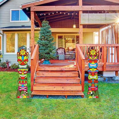 Queekay 2 Pcs Tiki Yard Sign Luau Hawaiian Tropical Party Decoration Outdoor Tiki Bar Sign with Stakes for Summer