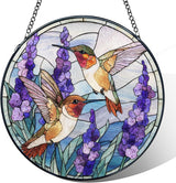 Hummingbird Stained Glass Window Hanging, Hummingbirds Suncatchers Gift for Mom Grandma, Flowers Birds Sun Catchers Indoor Window Round Glass Wall Art Hanging Decorations, 7.9x7.9in