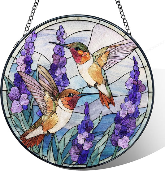 Hummingbird Stained Glass Window Hanging, Hummingbirds Suncatchers Gift for Mom Grandma, Flowers Birds Sun Catchers Indoor Window Round Glass Wall Art Hanging Decorations, 7.9x7.9in
