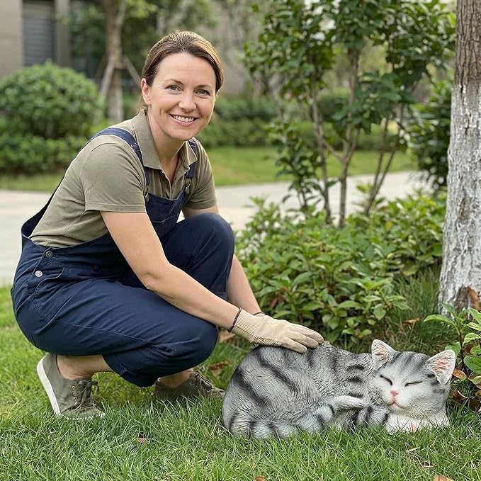 GARDEN WHISPER Cat Statue, Grey, Resin, Contemporary, Outdoor / Indoor Decor, 11.4" L x 7.1" W x 4.3" H, 1.5 lbs