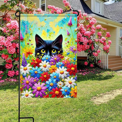BlissYard Spring Black Cat Garden Flag 12×18 Inch Double Sided Small Black Cat Flower Floral Garden Yard Flags for Spring Summer Outside Outdoor House Decoration Banner