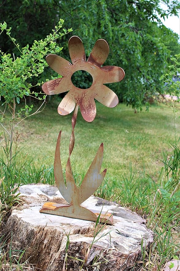 Metal Rustic and Colorful Flower Stakes Ranging from 9.5 to 36 Inches Tall (Twisted Daisy on Flat Base, Set of 24" and 36", Naturally Rusted)