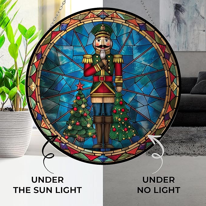 Christmas Nutcracker Standing Stained Glass Window Hangings, Cat Butterfly Sunflower Handcrafted Stained Glass Suncatchers, Gift for Cat Lovers Nature Lovers (12”x12”)