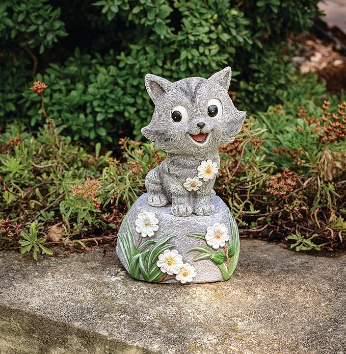 Roman 7.5” Adorable Cat on Rock Garden Statue – Outdoor Figurine – Whimsical Yard, Lawn, or Patio Decor for Cat Lovers