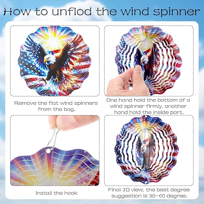 American Eagle Wind Chimes - Metal Flag Windchime with 3D Wind Spinners Outdoor Art Hanging for Garden Yard Patio Lawn Balcony Indoor Home 250 Anniversary Patriotic Decor Gift for Friends