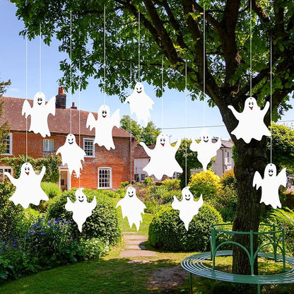 Blulu 12 Pcs Hanging Bats with Lights Halloween Decoration Outside Pumpkin Skeleton Spider Outdoor Lawn Decorations 3 Size Realistic Ghost for The Tree Porch Yard Lawn Indoor(Ghost)