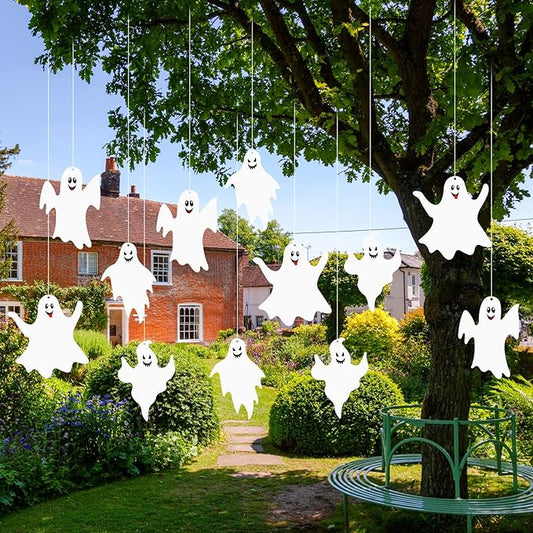 Blulu 12 Pcs Hanging Bats with Lights Halloween Decoration Outside Pumpkin Skeleton Spider Outdoor Lawn Decorations 3 Size Realistic Ghost for The Tree Porch Yard Lawn Indoor(Ghost)