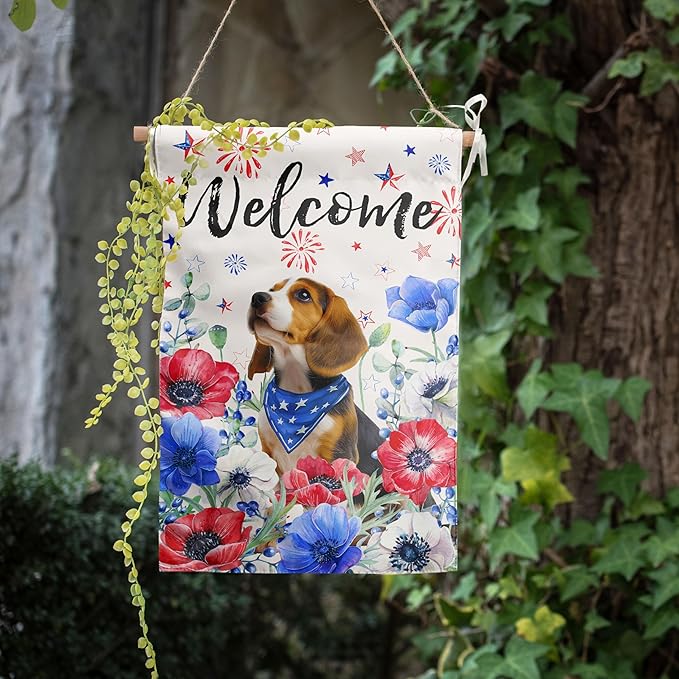 4th of July Beagle Garden Flag Red White Blue Floral Dog Yard Flags Small Memorial Independence Day Banner 12x18 Double Sided for Outside Outdoor Patriotic Decor