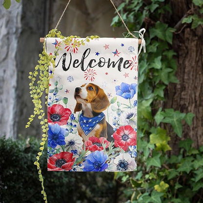 4th of July Beagle Garden Flag Red White Blue Floral Dog Yard Flags Small Memorial Independence Day Banner 12x18 Double Sided for Outside Outdoor Patriotic Decor