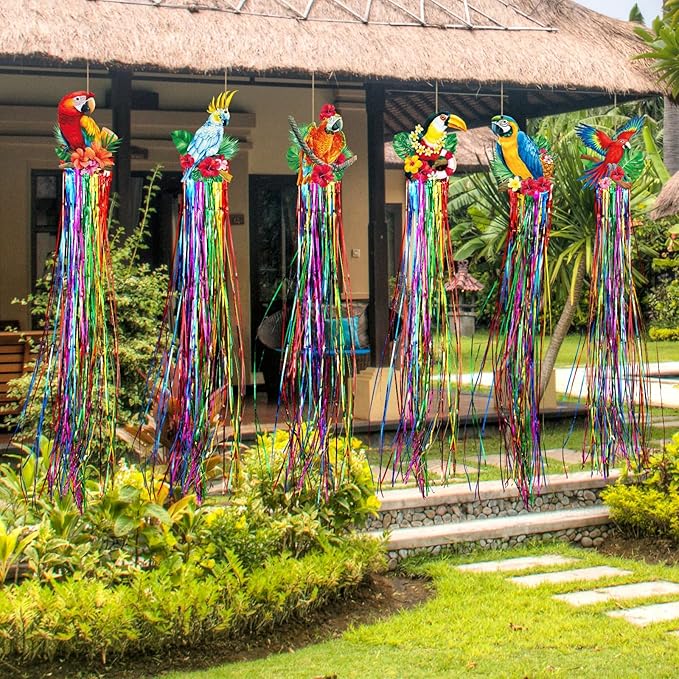 Affrolling 8 Pcs Tropical Birds Party Decoration Hawaiian Luau Tiki Jungle Theme Hanging Outdoor Decor with Tassels for Birthday Party Supplies 3.3 ft Summer Bird Toucan Leaf Garland Door Banner Sign