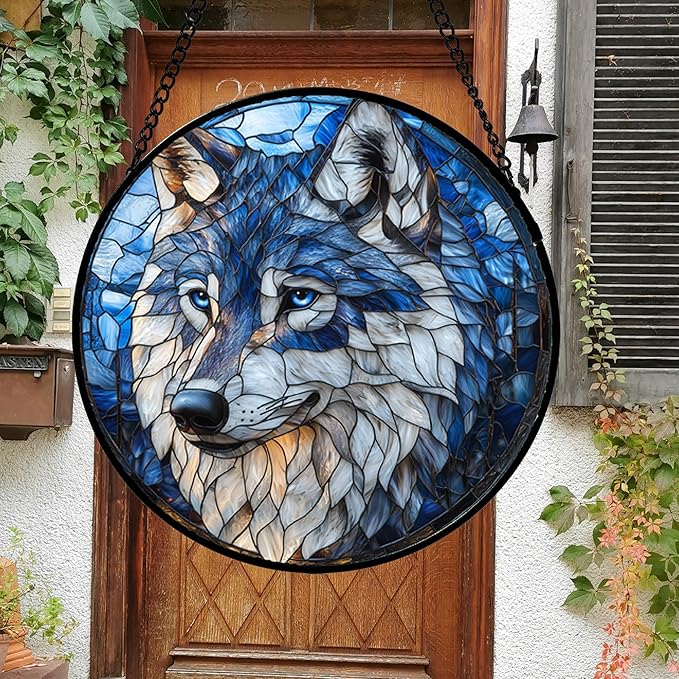 DASTOLL Stained Glass Window Hanging - Funny Wolf Suncatcher Ready to Hang Window Doors Home Decoration and Christmas, Mother's Day Birthday Gifts for Women, Men, and Mom 14.9x14.9 in