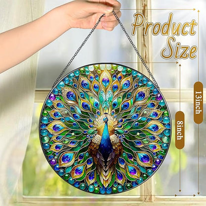 Stained Glass Window Hanging, LAOWEIKI 8'' Peacock Suncatcher, Stained Glass Ornament, Suncatchers for Windows Hanging, Window Decor, Outdoor or Indoor, Gifts for Women, Lovers, Couple, Friend, Bestie