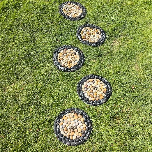 Garden Stepping Stones Outdoor,Pebble Stepping Stones for Garden Walkway,Decoration Polished River Rock for Yard, Pathway,Landscaping, 12 inch Round Decorative Stone Sheet Set 6pcs