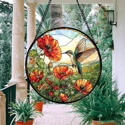 DASTOLL Stained Glass Window Hanging, Hummingbirds Orange Flowers Suncatcher Diamond Glass Panel Hangings Sun Catchers Decor for Birthday for Women, Men, Wife, Aunt, and Mom 14.9 in