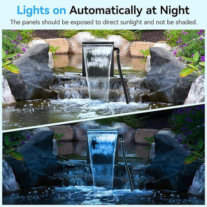 POPOSOAP Pond Waterfall Spillway Kit with LED Lights, 13.4" H x 12" W Stainless Steel Spillway with 660GPH Pond Pump, Filtration, 10FT Corrugated Tubing Waterfall for Water Garden, Backyard, Pool