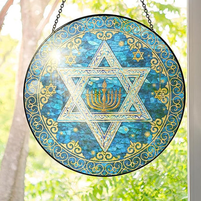 FLAGWIX Hanukkah Gifts for Women Men - Star of David Stained Glass Window Hanging 10 in - Hanukkah Sun Catcher Hanging Decor, Chanukah Suncatchers for Garden Decor, Religious Spiritual Gifts for Mom