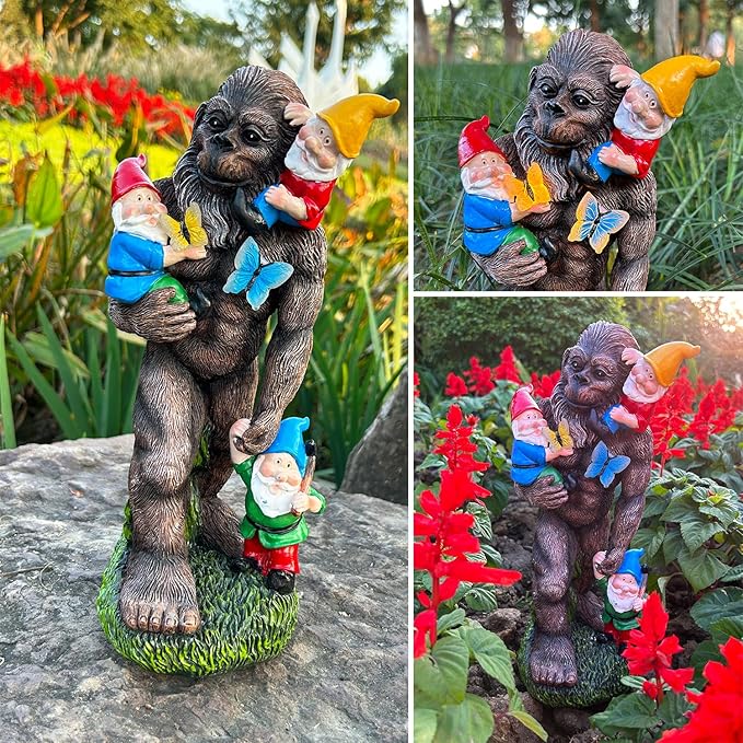 Gorilla Bigfoot Dwarf Bigfoot Sculpture Butterfly Statue with Large Garden Accessories with LED Decorative Gifts 7.5X5.9X13Inch