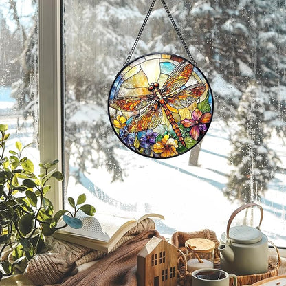 Dragonfly Flower Stained Glass Window Hanging Suncatchers, Dragonfly Sun Catchers Indoor Window Glass Wall Art Decor, Nature Insect Floral Wall Hanging Decorations Sculptures, 7.9x7.9in