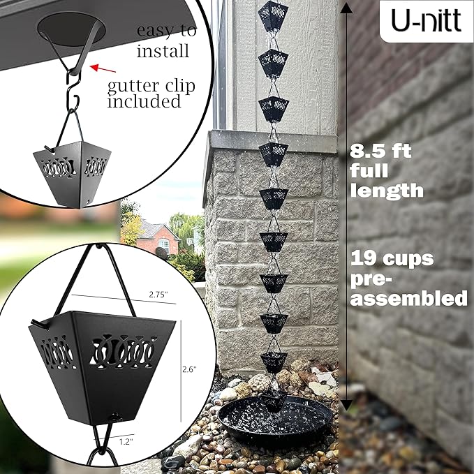 U-nitt Rain Chain Water Collection for Gutters Rainwater Catcher & Diverter, 8.5 FT Chains for Outside Garden, Black Square Cups, Roof Downspout, Works with Heavy Rain, w/Gutter Clip for Rainchains