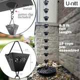 U-nitt Rain Chain Water Collection for Gutters Rainwater Catcher & Diverter, 8.5 FT Chains for Outside Garden, Black Square Cups, Roof Downspout, Works with Heavy Rain, w/Gutter Clip for Rainchains