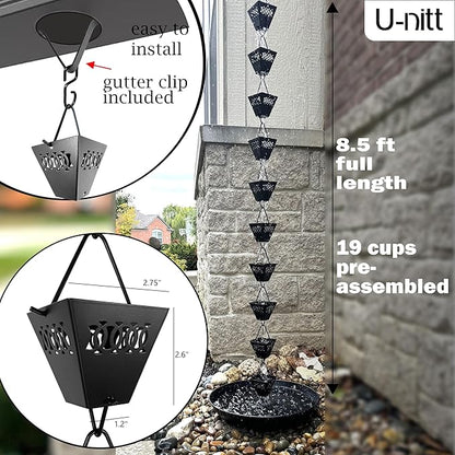 U-nitt Rain Chain Water Collection for Gutters Rainwater Catcher & Diverter, 8.5 FT Chains for Outside Garden, Black Square Cups, Roof Downspout, Works with Heavy Rain, w/Gutter Clip for Rainchains