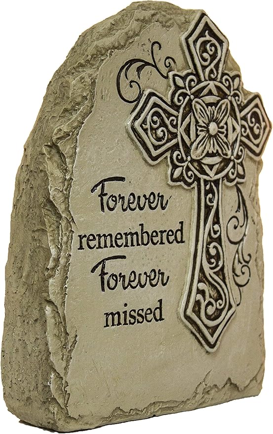 7.5 Inch Tall Memorial Cross Polystone Garden Stone (Forever)