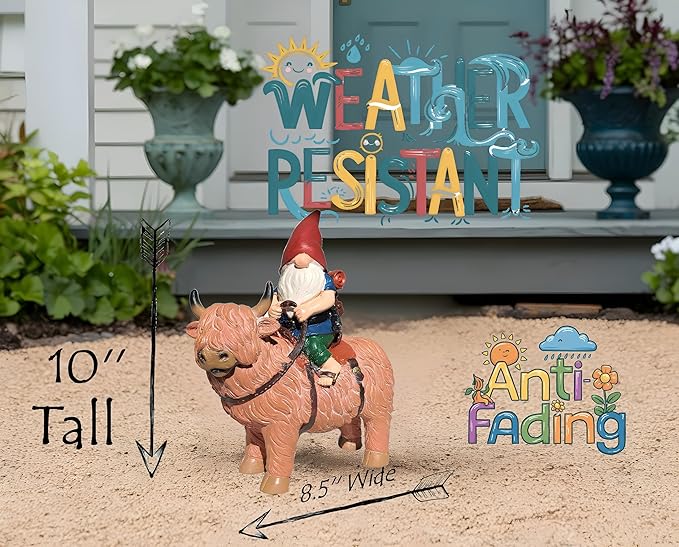 Funny Guy Mugs Gnome Riding A Highland Cow - Funny Garden Gnomes Gifts for Women - Garden Gnomes for Outdoors