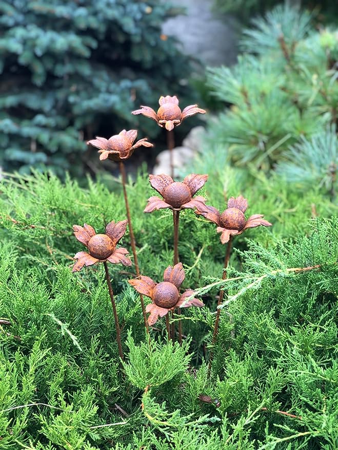 Rusty Flowers Set of 6, Garden Stakes, Metal Garden Decor, Yard Art, Outdoor Decor, Rusty Metal Garden Decor