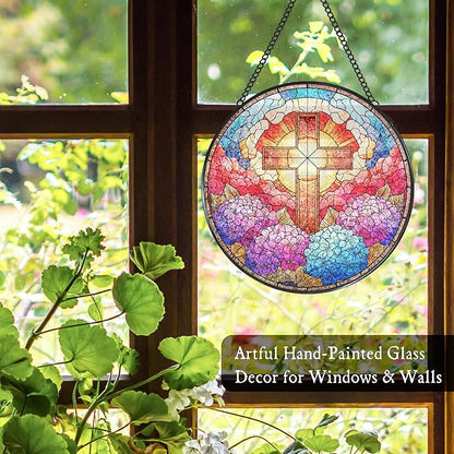 Cross Hydrangea Flower Stained Glass Window Hanging Suncatcher, Christian Cross Sun Catcher Indoor Window Decor, Christian Gifts Painted Glass Round Wall Hanging Decorations, 7.8x7.8 in
