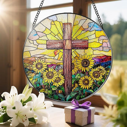 Stained Glass Suncatcher, Sunflower & Cross Sun Catcher Ornament; Stained Glass Window Hanging, Christmas Ornament, Christian Home Decor; Baptism Gift, Christian Gifts, Religious Gifts