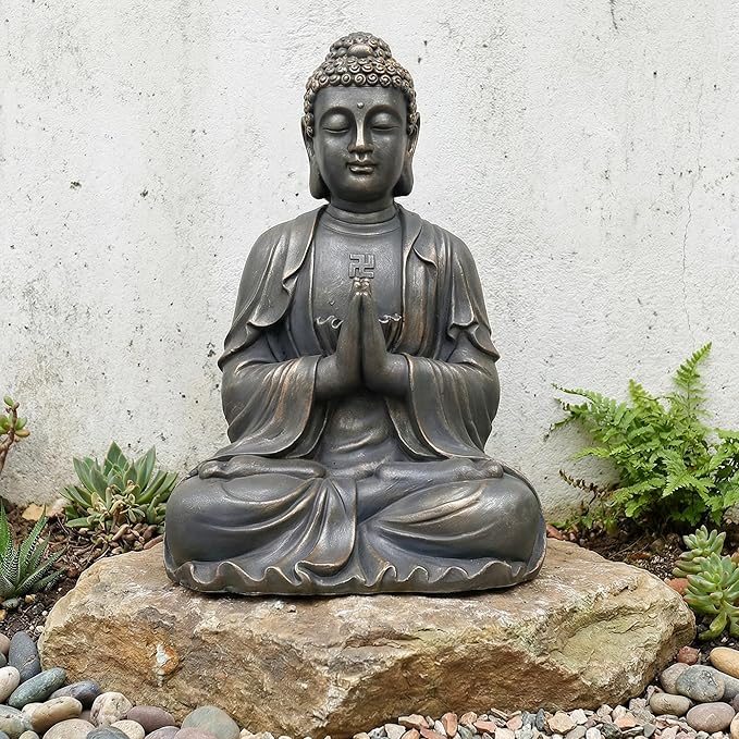 Sculptures Buddha Statue, Garden Statues 23.6 Inch Tall, Large Magnesium Oxide Buddha Sculpture Indoor & Outdoor, Statue for Home Decor Yard Porch Patio, Dark Gray with Gold Accents