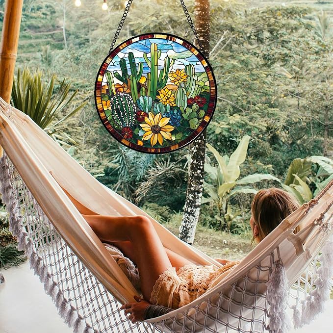 Stained Glass Window Hanging Green Cactus with Yellow Flowers 9.8" - Suncatcher Door Garden Sun Catcher Home Decor Birthday Christmas for Mom Men Woman Friend Nana