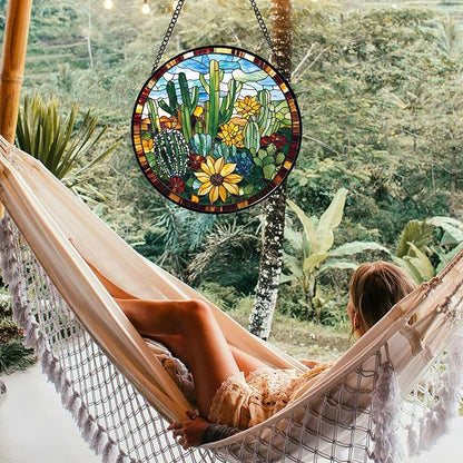 Stained Glass Window Hanging Green Cactus with Yellow Flowers 9.8" - Suncatcher Door Garden Sun Catcher Home Decor Birthday Christmas for Mom Men Woman Friend Nana