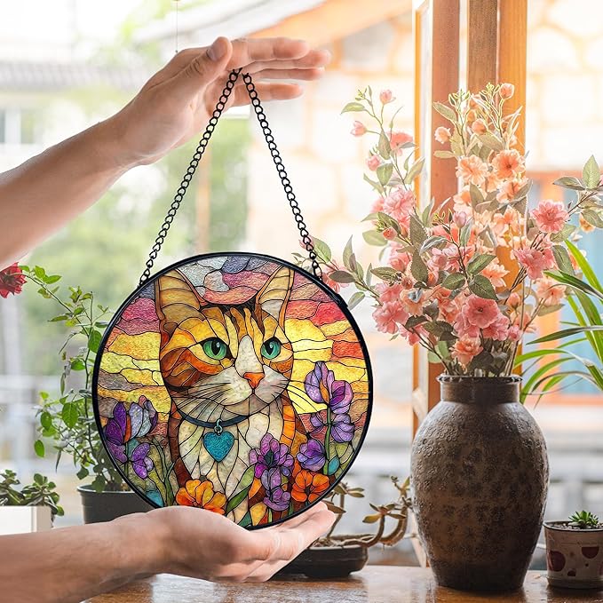 Cat Flower Suncatcher Stained Glass Window Hanging, Orange Cat Sun Catchers Indoor Window Glass Wall Art Decor, Kitten Floral Wall Hanging Decor Decorations, 7.9x7.9 Inch