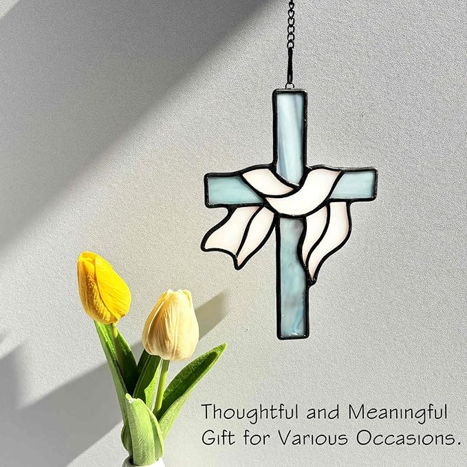 Stained Glass Ribbons Cross Decor Window Hanging for Baptism, First Communion Handmade Art Cross Suncatchers Religious Ornament Gifts for Women