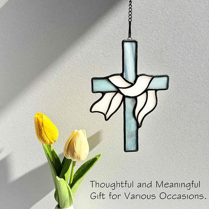 Stained Glass Ribbons Cross Decor Window Hanging for Baptism, First Communion Handmade Art Cross Suncatchers Religious Ornament Gifts for Women