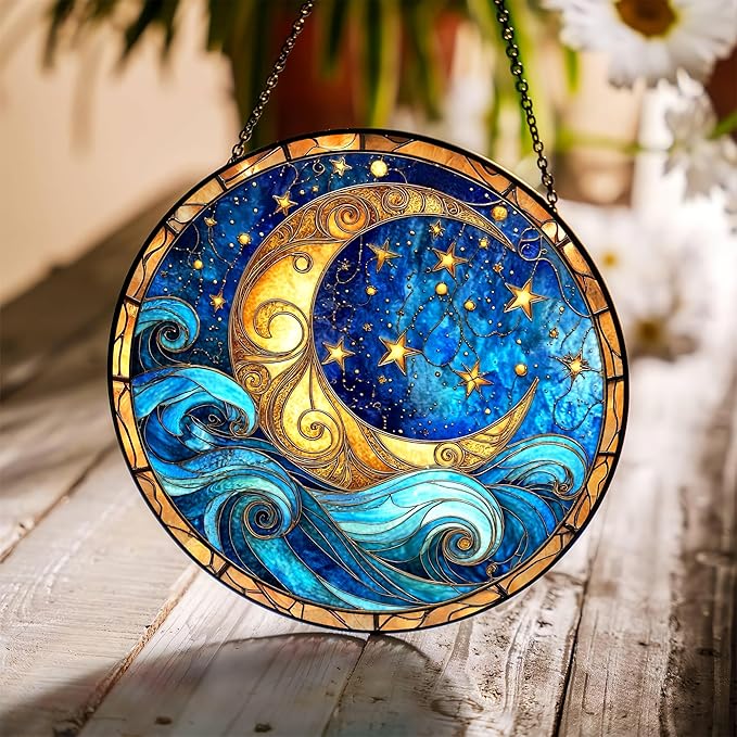 7.8" Night Sky Suncatcher Stained Glass Window Hanging Moonlight Sun Catchers Moon Star Ornament Wall Art Home Garden Kitchen Room Door Decor Birthday for Women Men Mom