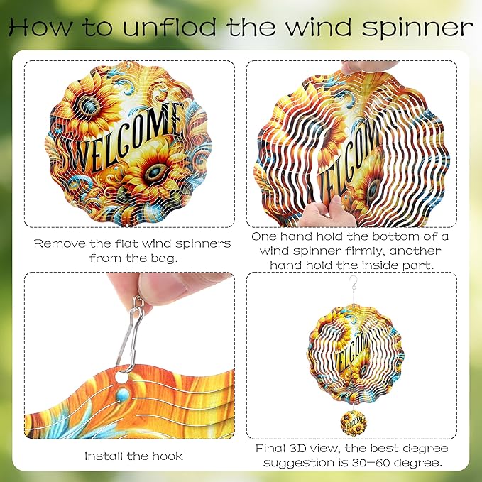 Hanging Wind Spinners Outdoor - 3D Metal Wind Spinner Kinetic Spinning Stainless Steel Art Ornaments Sunflower Decor for Garden Patio Porch Birthday Gifts for Women Men Mom Grandma Dad