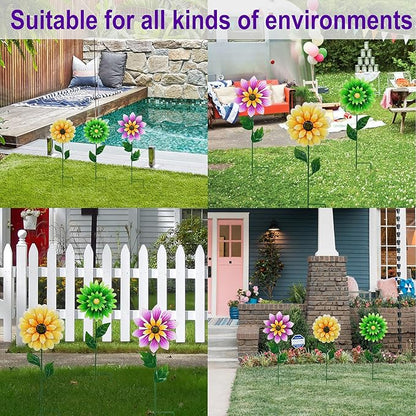 3 Pack Metal Flower Wind Spinners, Kinetic Garden Stakes with H-Base, Colorful 3D Floral Windmills for Yard, Patio, Lawn, and Pathway Decor (Yellow, Green, Purple)