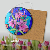 Hanway Suncatcher in Colorful Stained Glass 12" Dia - Genuine Brightly Colored Glass, Protective Metal Edge, Ready to Use Hanging Chain, for Window, Garden (Lily)